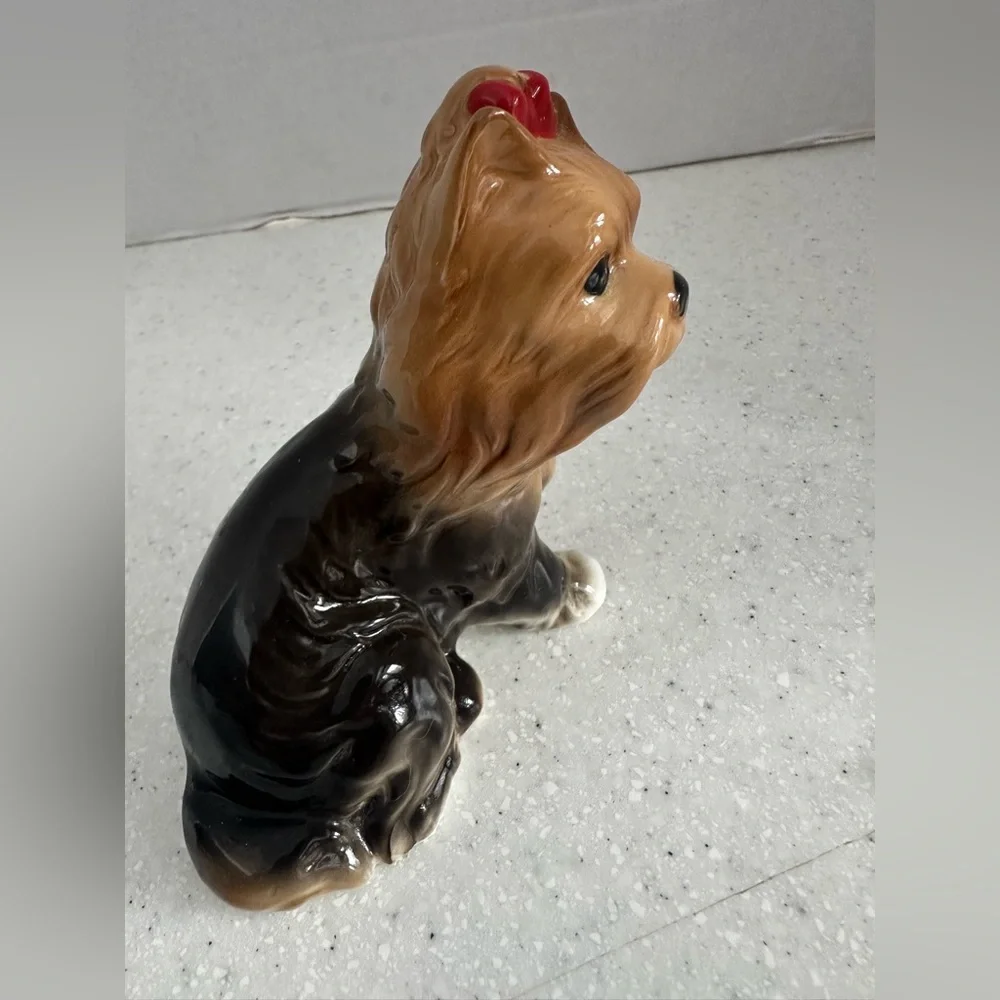 Vintage Bone China Yorkshire Terrier Dog Figurine with Red Bow! Collectible